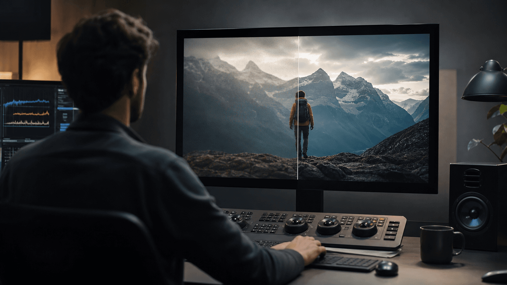 A creator comparing an original soft video frame with a clean enhanced version