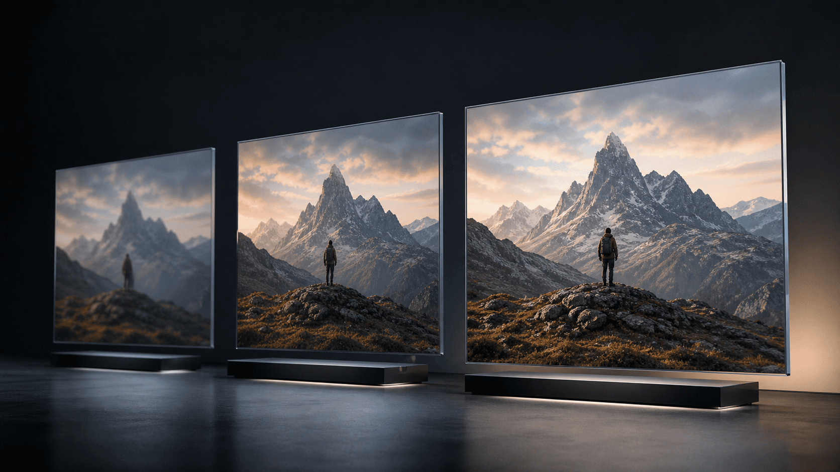 Three enhancement choices shown as a restrained visual progression from clean-up to enlargement