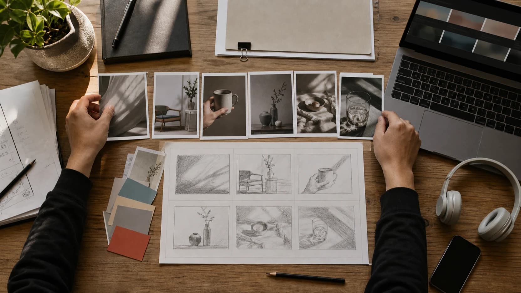 References and storyboard arranged for an AI video production workflow