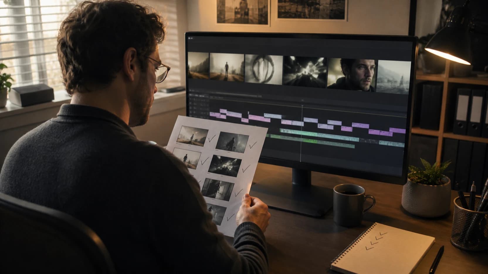 Editor reviewing continuity and framing in an AI-generated marketing video