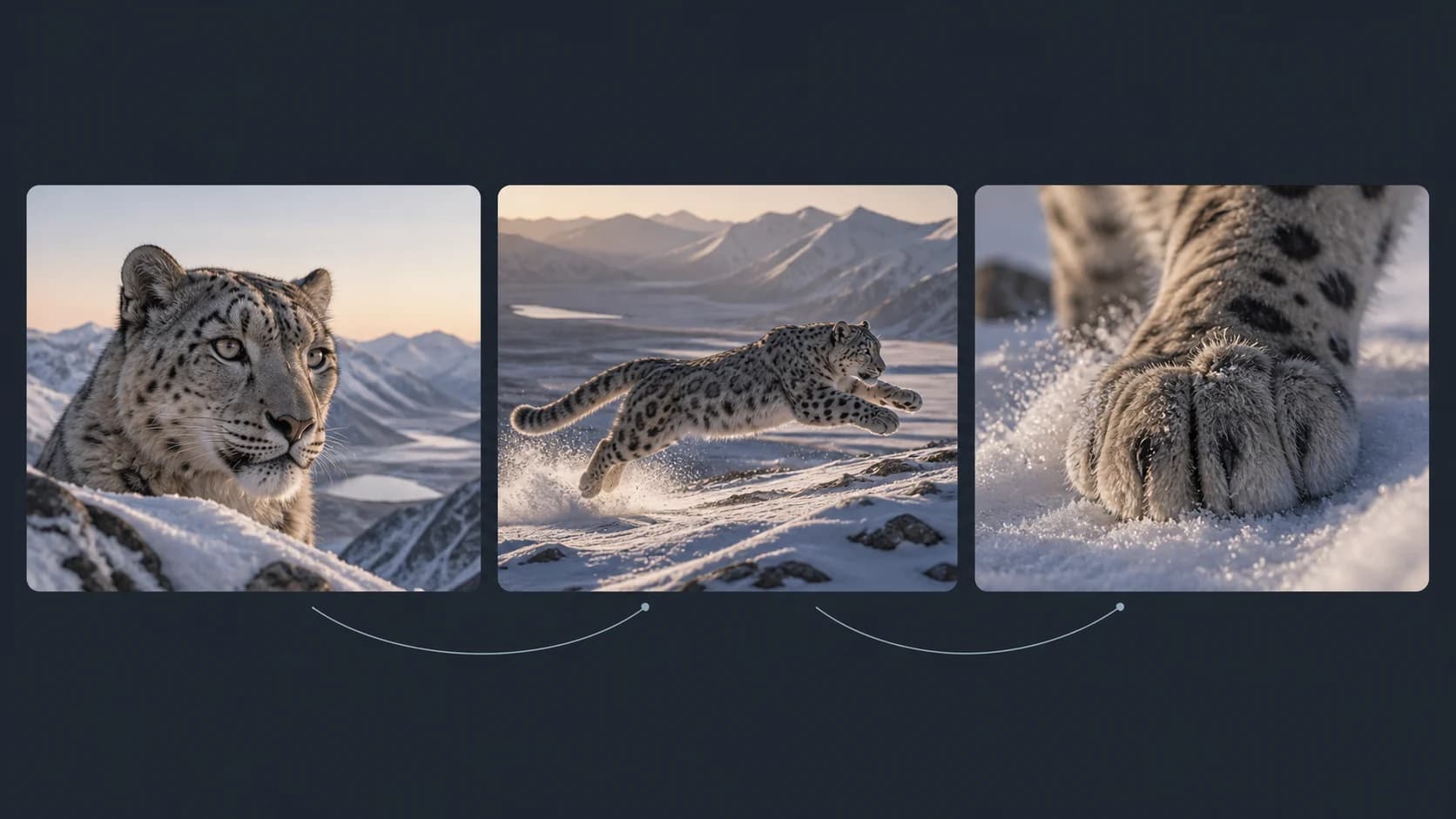 Three-shot wildlife-style AI video plan showing setup, action, and consequence