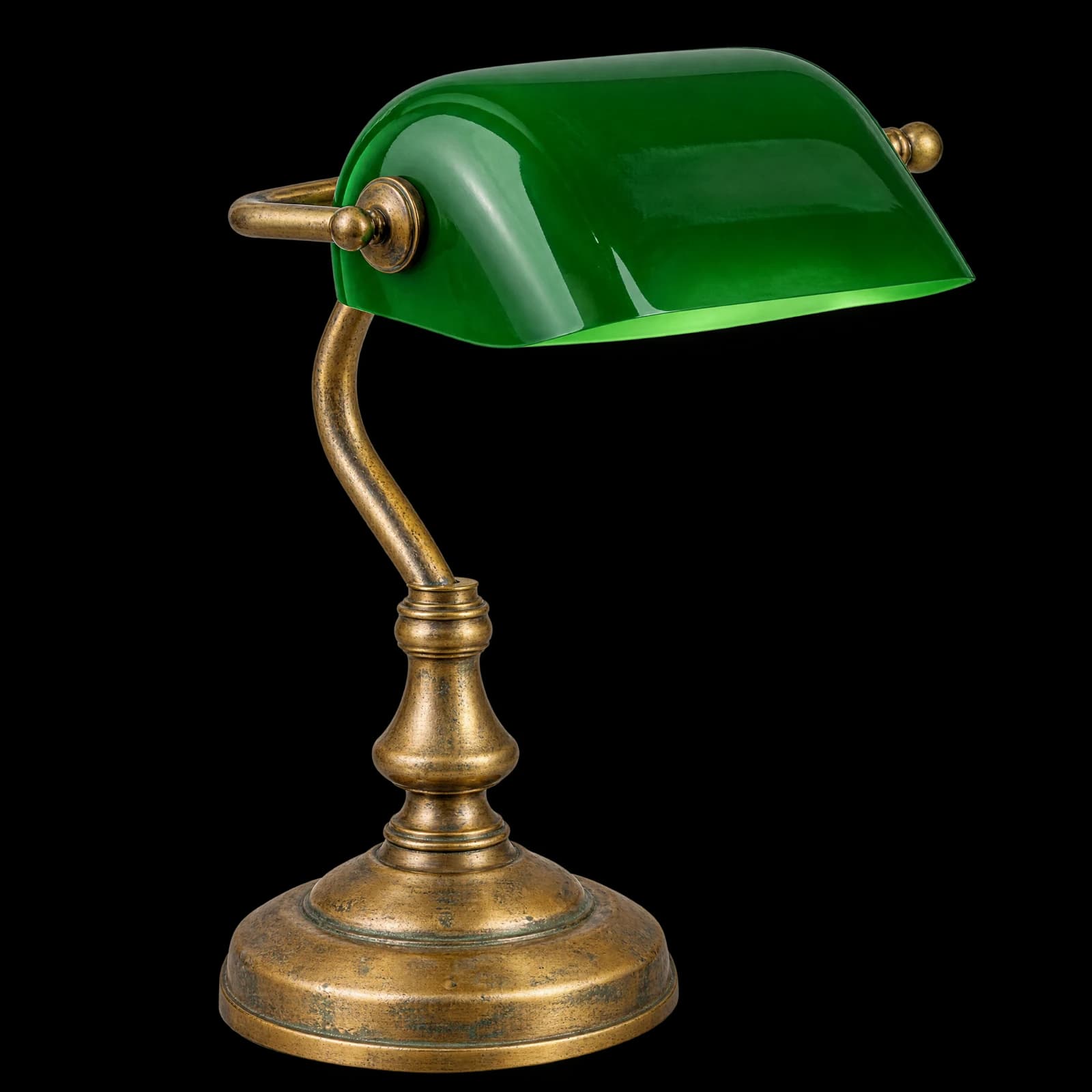 Vintage brass desk lamp with a green glass shade, rendered on a transparent background as a clean cutout