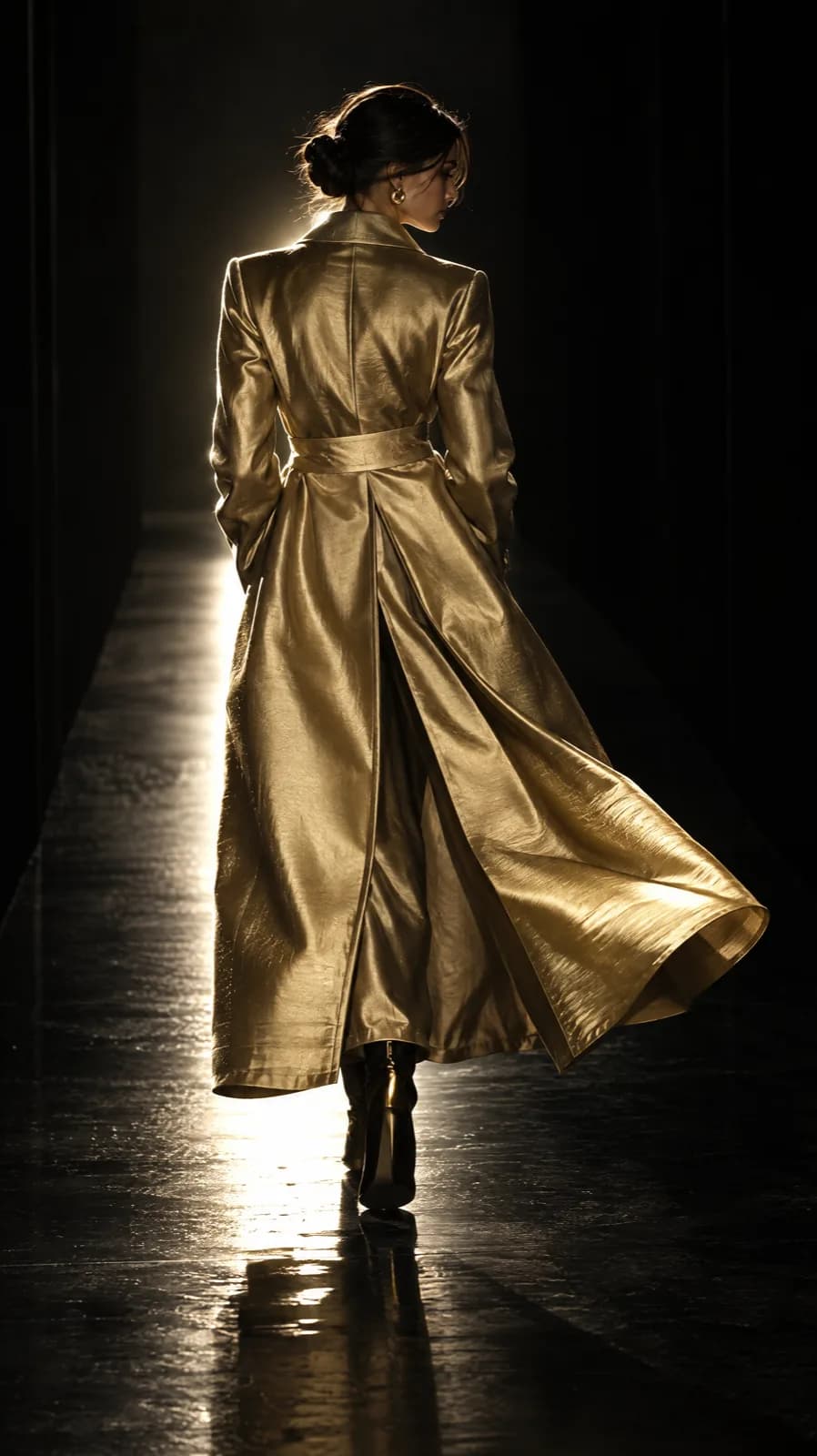 Vertical editorial fashion frame of a gold silk coat rim-lit against a black corridor