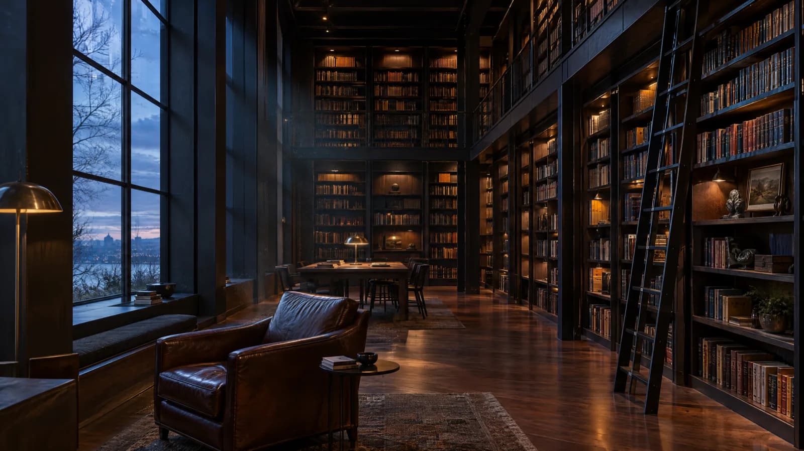 Architectural interior of a walnut and blackened-steel library at dusk with light beams through dust