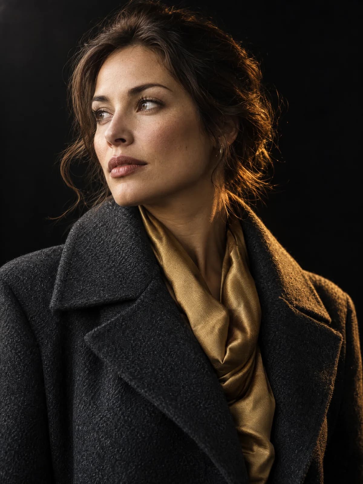 Studio portrait rendered by GPT Image 2.5 Sunburst at 1776 by 2368 pixels, with individual hair strands, skin texture and the weave of the wool coat held intact