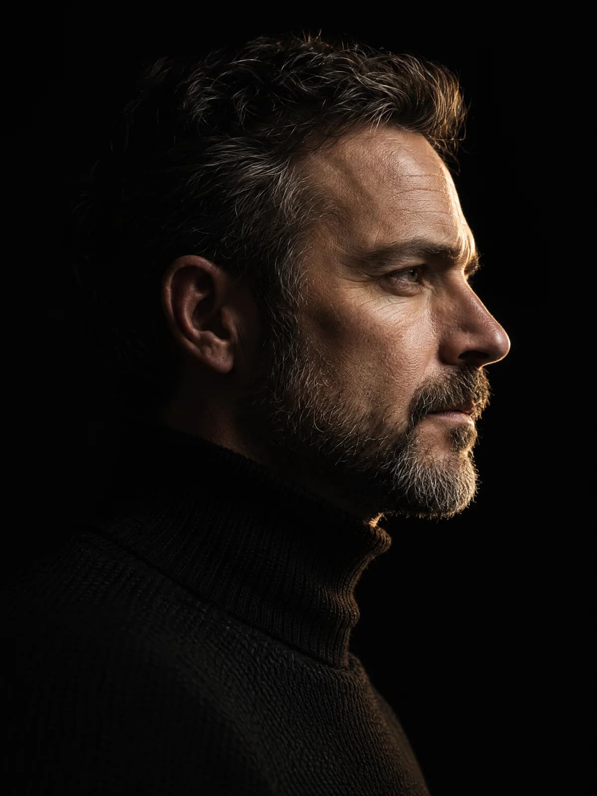Profile portrait of a bearded man in a black roll-neck, one hard warm key light carving the near side of his face