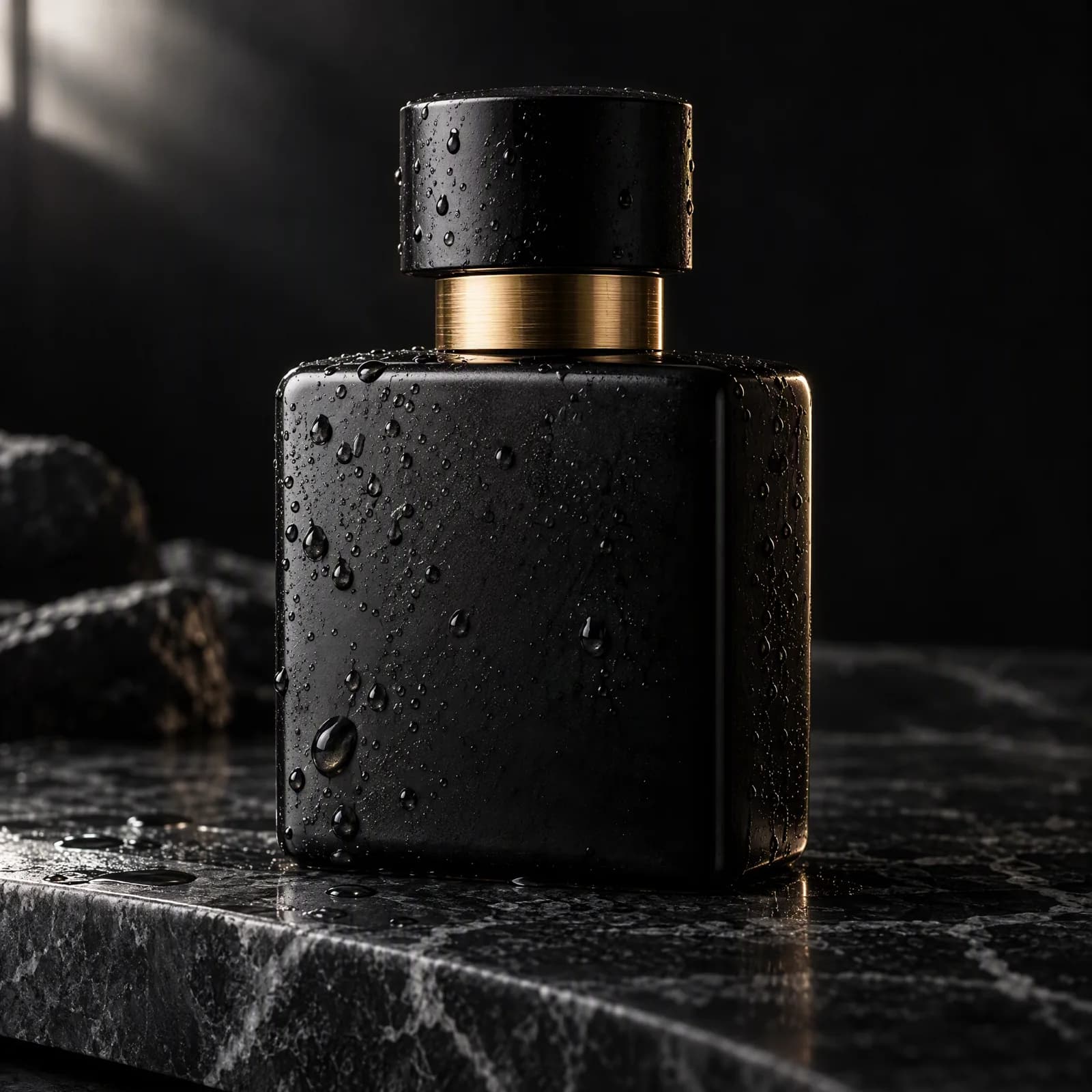 Matte-black ceramic perfume bottle with a brushed-gold collar on dark marble, lit by a single soft window light